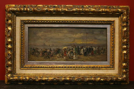 Eugene Boudin: A Day at the Beach Oil on wood panel 10 1/2" x 4 3/4" Eugene Boudin (1824-1898)