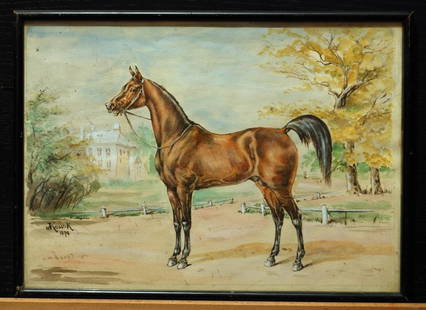 Juliusz Kossak*: Standing Horse - Watercolor on paper signed and dated 1874 14 1/2" x 10 1/2" Juliusz Fortunat von Kossak (attr) (Polish 1824-1899)