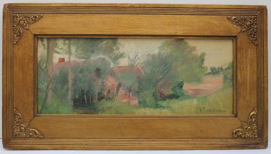 John Henry Twachtman (attr): Cottage on the Road - Oil on Board 11 1/2" x 5" attributed to John Henry Twachtman (1853-1902)