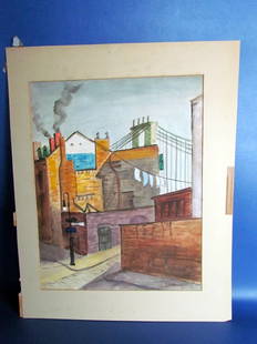 Preston Dickinson: Wpa Industrial New York City Scene with Bridge - Watercolor on paper board - 14 1/2" x 18 1/2" - Preston Dickinson (1891-1930)