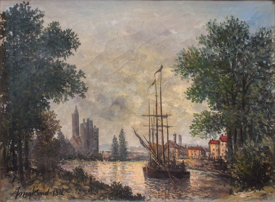 Johan B. Jongkind: Dutch Seascape - Oil on canvas - 12 1/2"x9 1/2" - Johan Barthold Jongkind (1819-1891) Johan Barthold Jongkind, Dutch landscape painter, mainly lived in France where he was highly esteemed by the artis