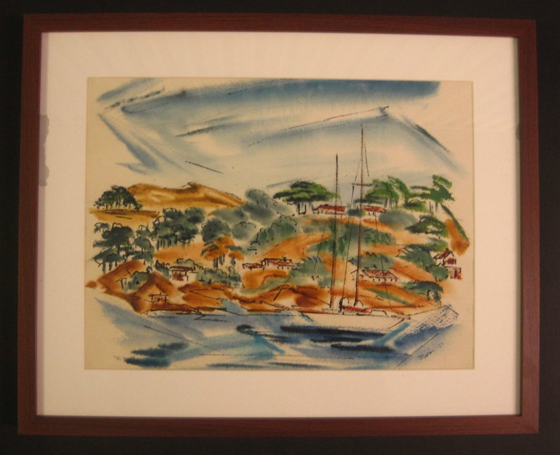 John Marin: Maine Coast with Sailboat - Watercolor on paper - 13"x16" (1870-1953) Provenance: James D. Julia Auctions