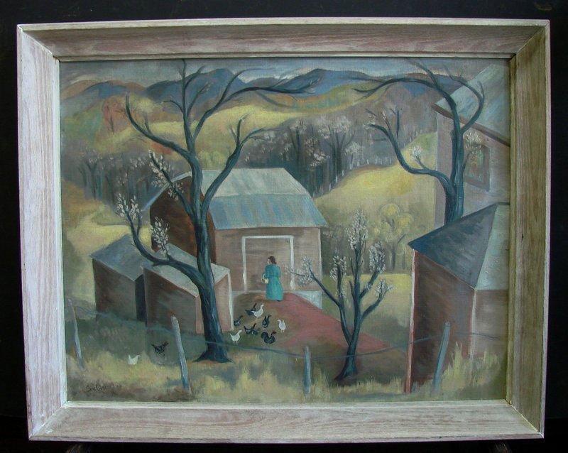 Othon Coubine*: Peasant Feeding Chickens Oil on canvas 25 1/2"x20" Framed 29 1/2"x24" after Othon Coubine (Czech 1883-1969) Alternate spelling Otakar Kubin