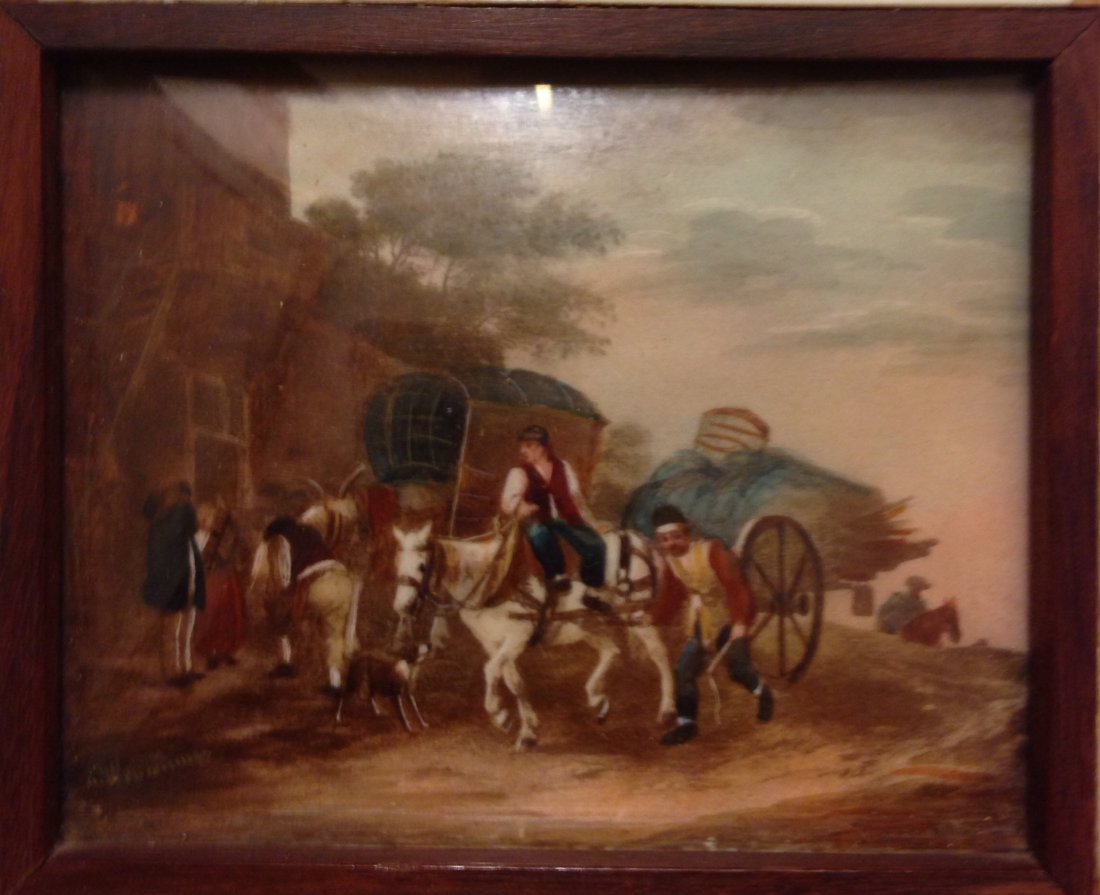 Philips Wouwerman*: Wagon Pullers Oil on panel 5"x5 1/2" An incredible little painting housed in an ivory frame signed Wouwerman attributed to Philips Wouwerman (1619-1668)