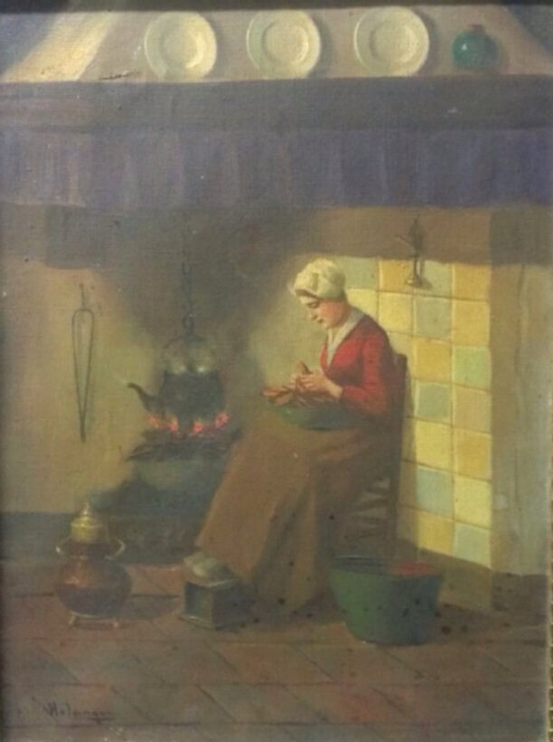 English School: Women in a Rocking Chair Kitchen Interior Oil on canvas signed Illegibly