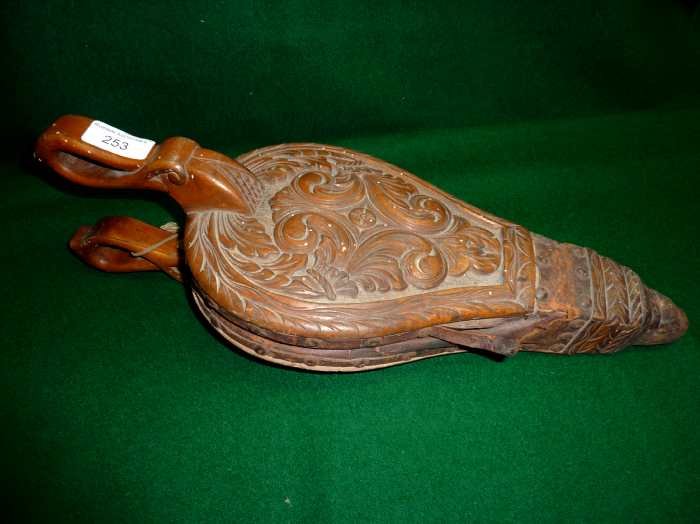 Pair of 19th century bellows with heavy carved det: Pair of 19th century bellows with heavy carved detail on the top and underneath panels complete with leather.