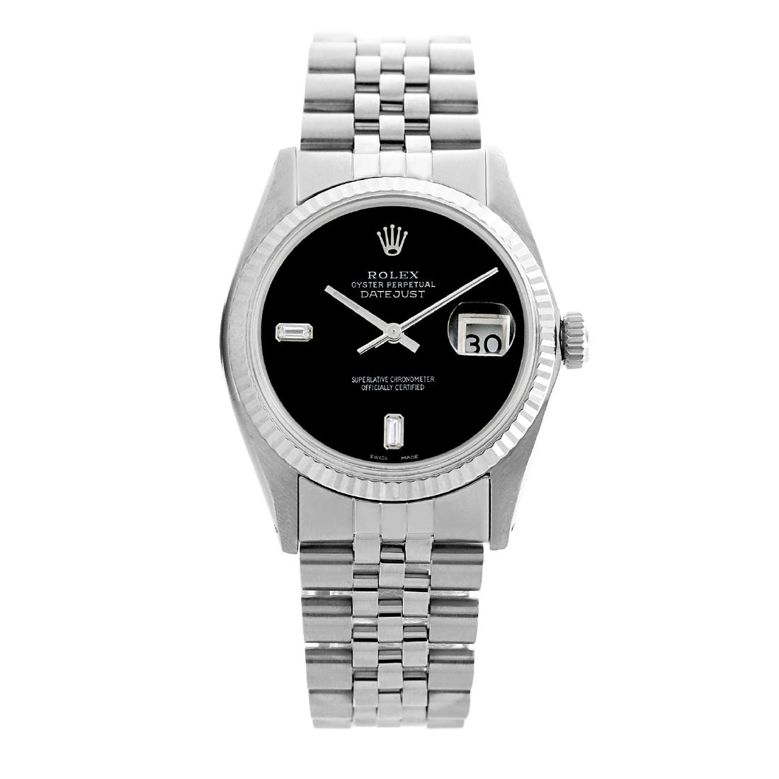 Rolex Pre-owned 36mm Mens Black Dial Stainless Steel -: REF-450R3M - SKU: LA002MSS041Estimated Pre-Owned Retail Price: $8500 Condition: Pre-owned / Excellent Condition Model: Rolex DateJust Gender: Mens Dial: Black Dial Dial Marker: 2 Genuind Diamond Bague