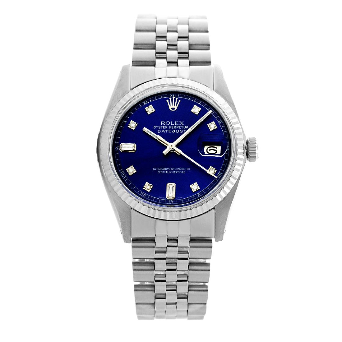 Rolex Pre-owned 36mm Mens Blue Dial Stainless Steel -: REF-470X3K - SKU: LA002MSS006Estimated Pre-Owned Retail Price: $8900 Condition: Pre-owned / Excellent Condition Model: Rolex DateJust Gender: Mens Dial: Blue Dial Dial Marker: 8 Genuine Round Diamonds