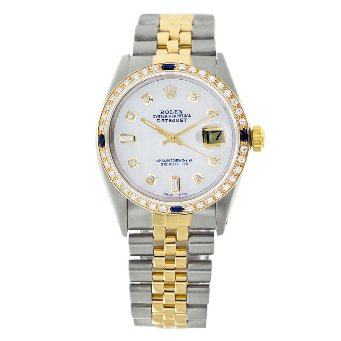 Rolex Pre-owned 36mm Mens White MOP Two Tone -: REF-610Y4W - SKU: LA001MT020Estimated Pre-Owned Retail Price: $11800 Condition: Pre-owned / Excellent Condition Model: Rolex DateJust Gender: Mens Dial: White MOP Dial Marker: 8+2 Diamonds Diamond Col