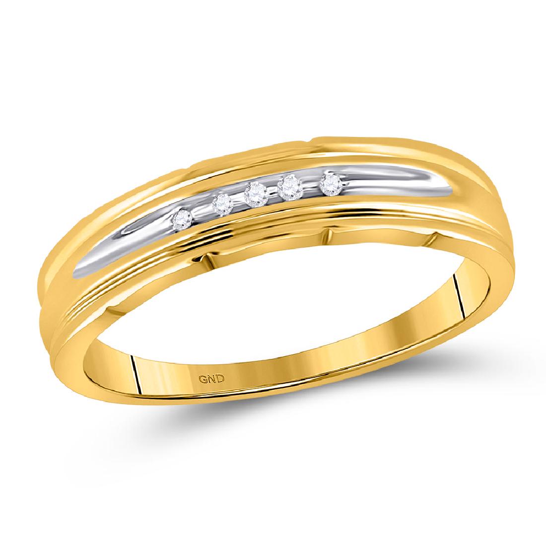 0.04 CTW Mens Channel-set Diamond Wedding Ring 10KT: REF-14X9Y- SKU: GD15679 ---- 0.04 CTW Mens Channel-set Diamond Wedding Ring 10KT Yellow Two-tone Gold Manufacturer's Suggested Retail Price: $590.00 Mainstone Type: Diamond @ 0.04ct Mainstone Color: J
