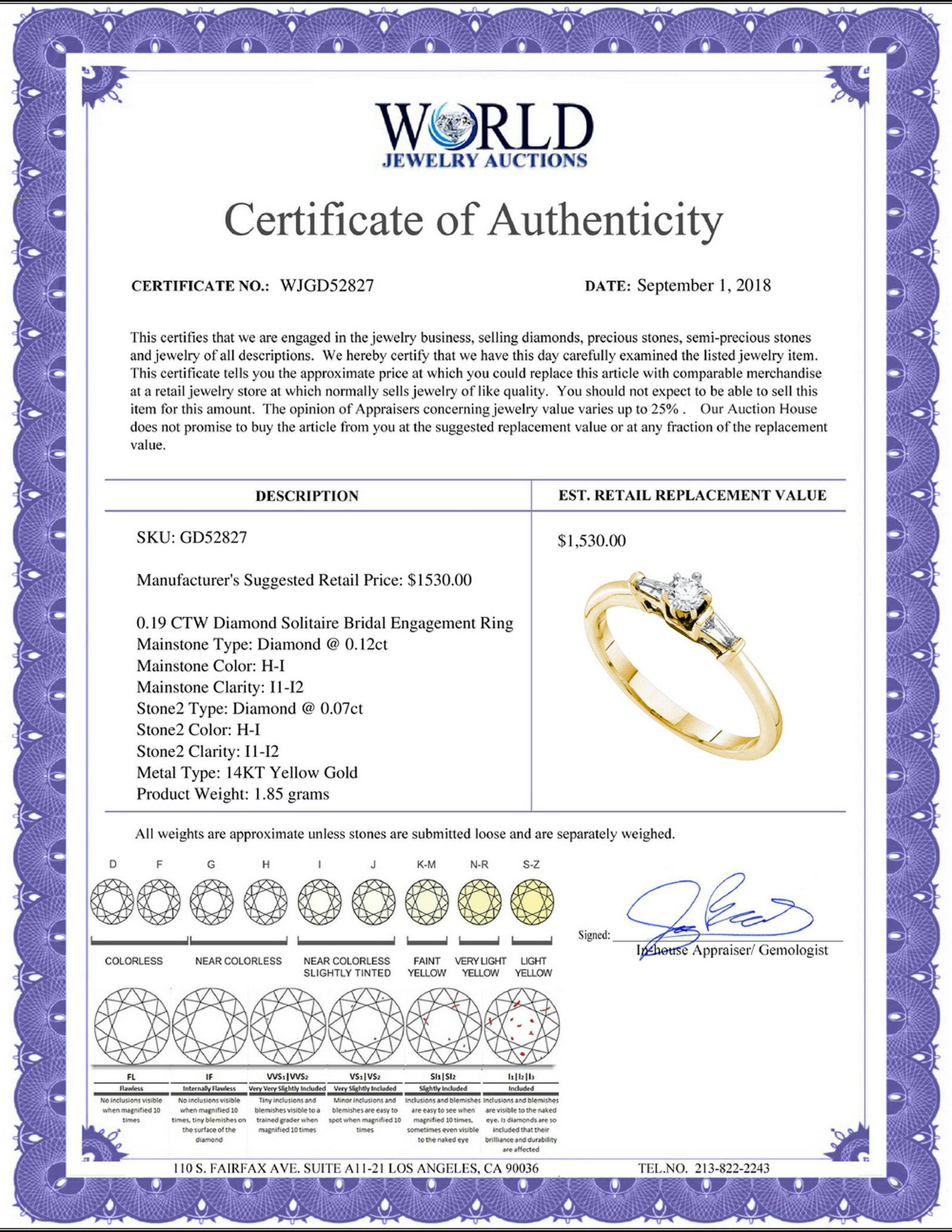 0.19 CTW Diamond Solitaire Bridal Engagement Ring 14KT: REF-38F9N- SKU: GD52827 ---- 0.19 CTW Diamond Solitaire Bridal Engagement Ring 14KT Yellow Gold Manufacturer's Suggested Retail Price: $1530.00 Mainstone Type: Diamond @ 0.12ct Mainstone Color: H-I Ma
