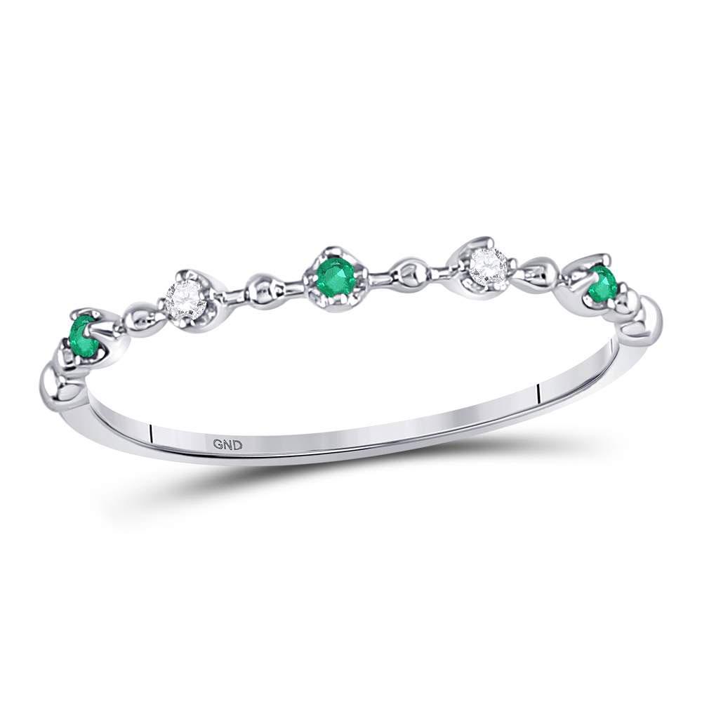Round Emerald Slender Stackable Band Ring 1/12 Cttw: REF-11H8W - SKU: GD127784 ---- Round Emerald Slender Stackable Band Ring 1/12 Cttw 10kt White Gold Gemstone Details 1/12 Carats total weight Round Nat