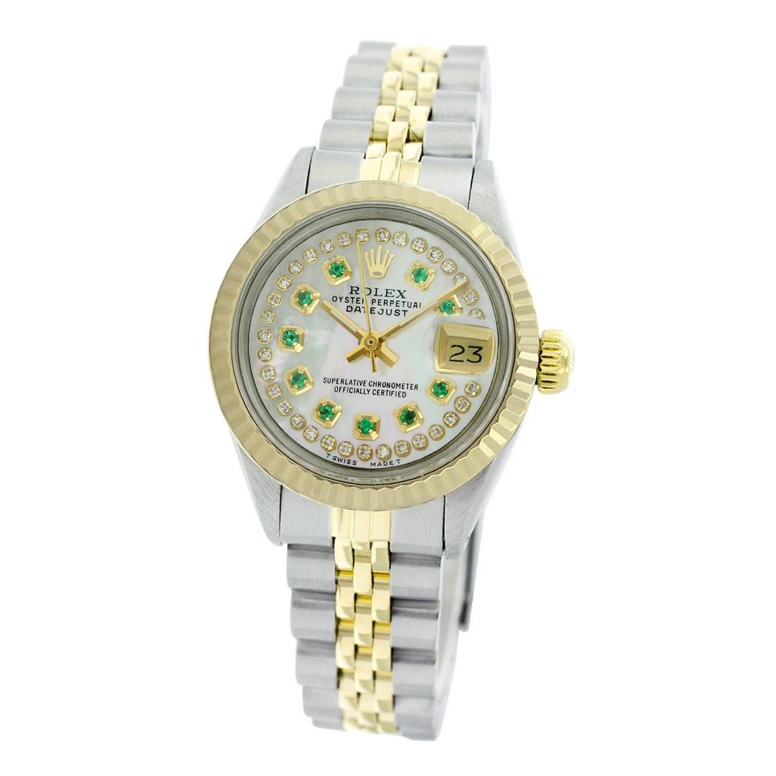 Rolex Pre-owned 26mm Womens Custom String White Mother: REF-460Y3W - SKU: LA001LT035 Estimated Pre-Owned Retail Price: $8800 Condition: Pre-owned / Excellent Condition Model: Rolex DateJust Gender: Womens Dial: Custom String White Mother of Pearl Dial Mark