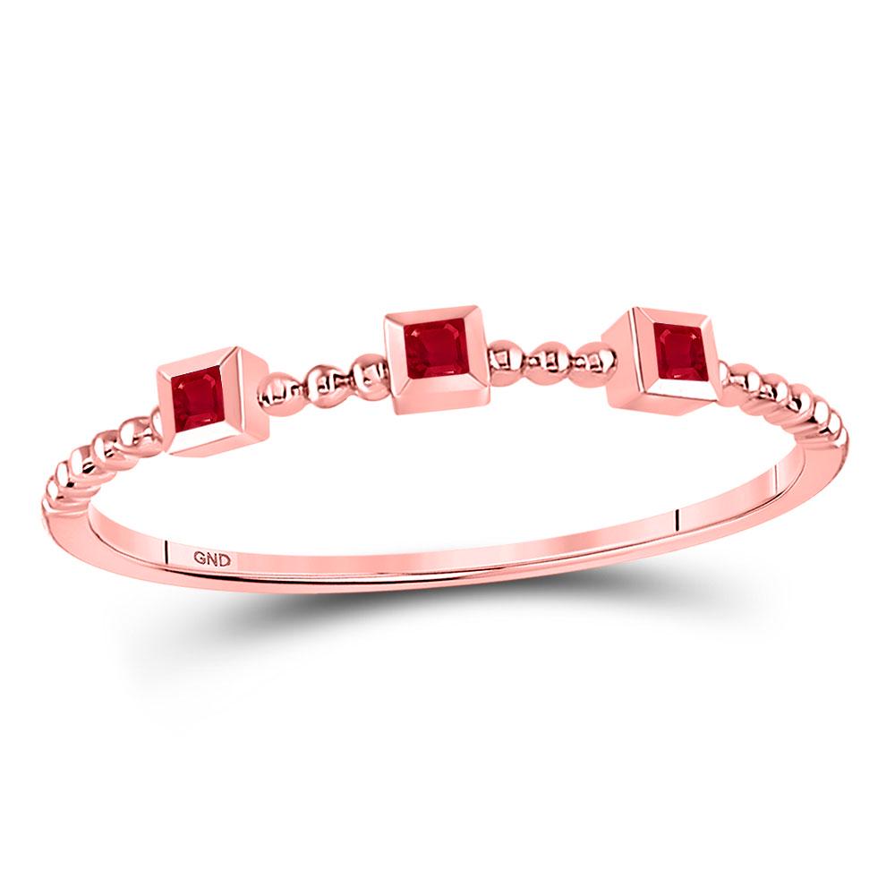 Ruby 3-Stone Beaded Stackable Band Ring 1/20 Cttw 10kt: REF-6K4R - SKU: GD128053 ---- Ruby 3-Stone Beaded Stackable Band Ring 1/20 Cttw 10kt Rose Gold Gemstone Details 1/20 Carats total weight Princess Natural Ruby