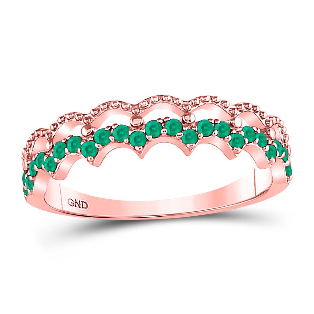 Round Emerald Scalloped Stackable Band Ring 1/4 Cttw: REF-13X6Y - SKU: GD127739 ---- Round Emerald Scalloped Stackable Band Ring 1/4 Cttw 10kt Rose Gold Gemstone Details 1/4 Carats total weight Round Natural Emerald