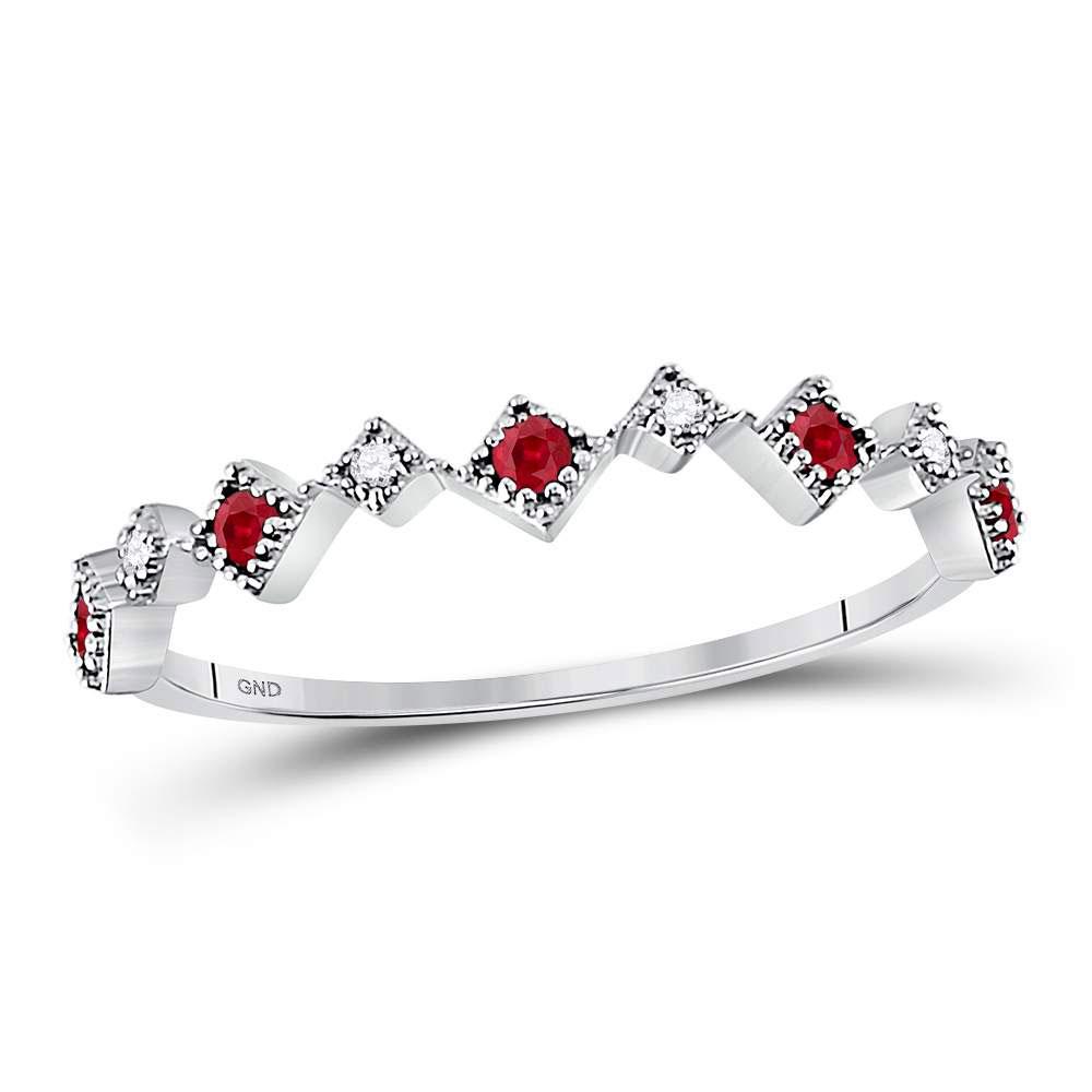 Round Ruby Diamond Milgrain Square Stackable Band Ring: REF-11A8V - SKU: GD127748 ---- Round Ruby Diamond Milgrain Square Stackable Band Ring 1/8 Cttw 10kt White Gold Gemstone Details 1/8 Carats total weight <