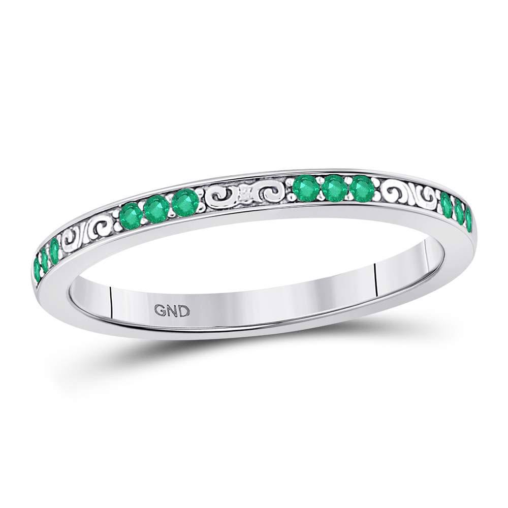 Round Emerald Single Row Flourished Stackable Band Ring: REF-13F6N - SKU: GD128039 ---- Round Emerald Single Row Flourished Stackable Band Ring 1/8 Cttw 10kt White Gold Gemstone Details 1/8 Carats total weight Round Natural Eme
