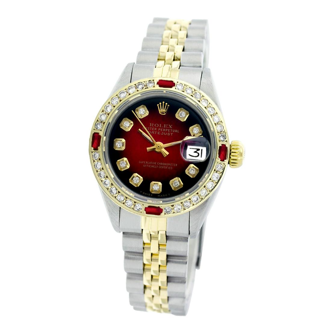 Rolex Pre-owned 26mm Womens Custom Red Vignette Two: REF-530X4K - SKU: LA001LT033Estimated Pre-Owned Retail Price: $10000 Condition: Pre-owned / Excellent Condition Model: Rolex DateJust Gender: Womens Dial: Custom Red Vignette Dial Marker: 10 Genuine D