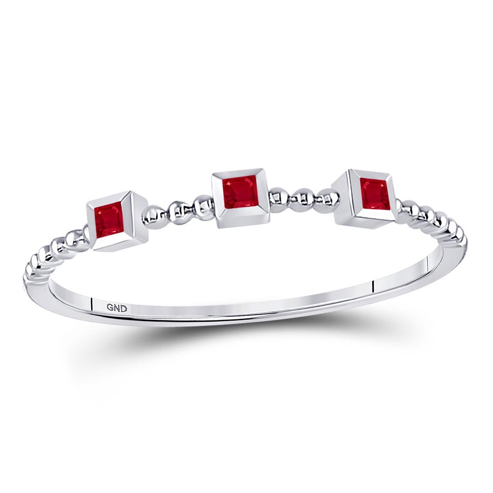 Womens Princess Ruby 3-Stone Beaded Stackable Band Ring: REF-6F9W ---- Womens Princess Ruby 3-Stone Beaded Stackable Band Ring 1/20 Cttw 10kt White Gold Description 10kt White Gold Womens Princess Ruby 3-Stone Be