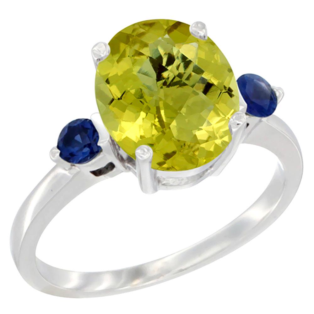 2.64 CTW Lemon Quartz & Blue Sapphire Ring 10K White: REF-23X7M - SKU: SC-CW92730218 ---- 2.64 CTW Lemon Quartz & Blue Sapphire Ring 10K White Gold Manufacturer's Suggested Retail Price: $780.00 Mainstone Type: Lemon Quartz @ 2.4 ctw Mainstone Color: Gre