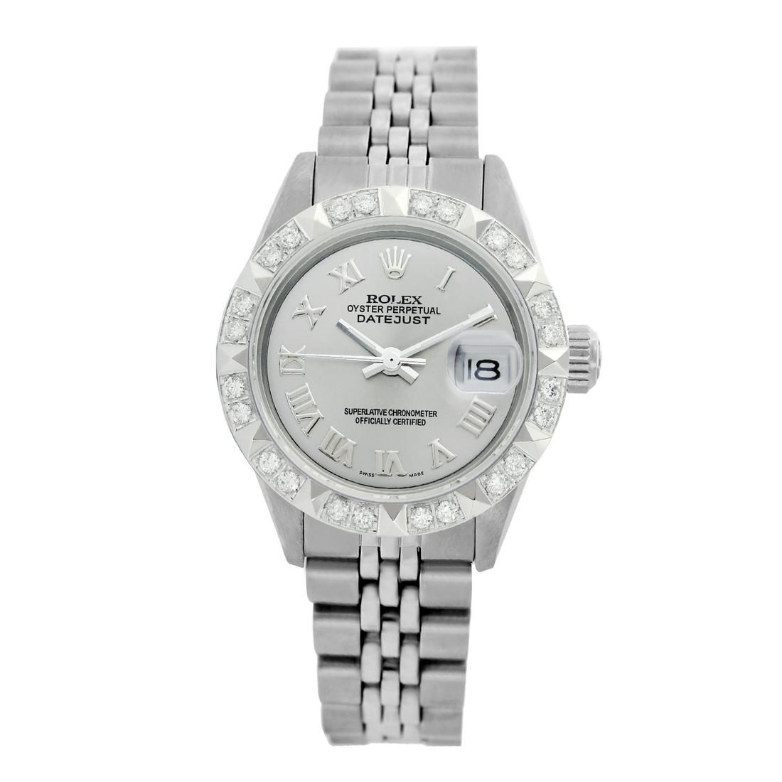 Rolex Pre-owned 26mm Womens Custom Grey Stainless Steel: SKU: LA001LS011Estimated Pre-Owned Retail Price: $8800 Condition: Pre-owned / Excellent Condition Model: Rolex DateJust Gender: Womens Dial: Custom Grey Dial Marker: Roman Numeral Diamond Color: G-H D