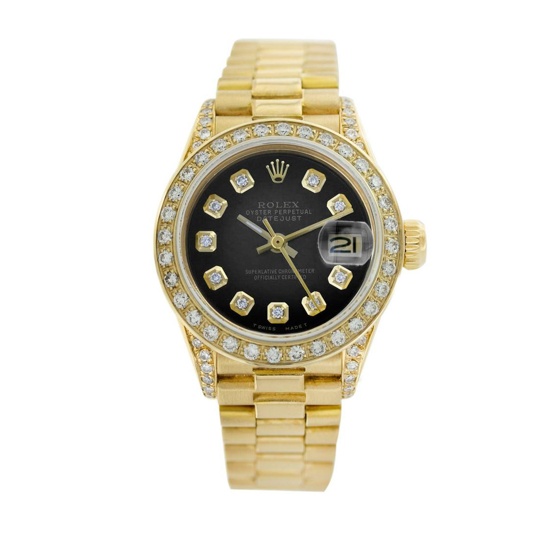 Rolex Pre-owned 26mm Womens Blue Vignette 18K Gold: SKU: LALPS0008 Estimated Pre-Owned Retail Price: $22000 Condition: Pre-owned / Excellent Condition Model: Rolex DateJust Gender: Womens Dial: Blue Vignette Dial Marker: 10 Diamonds Diamond Color: G-H 