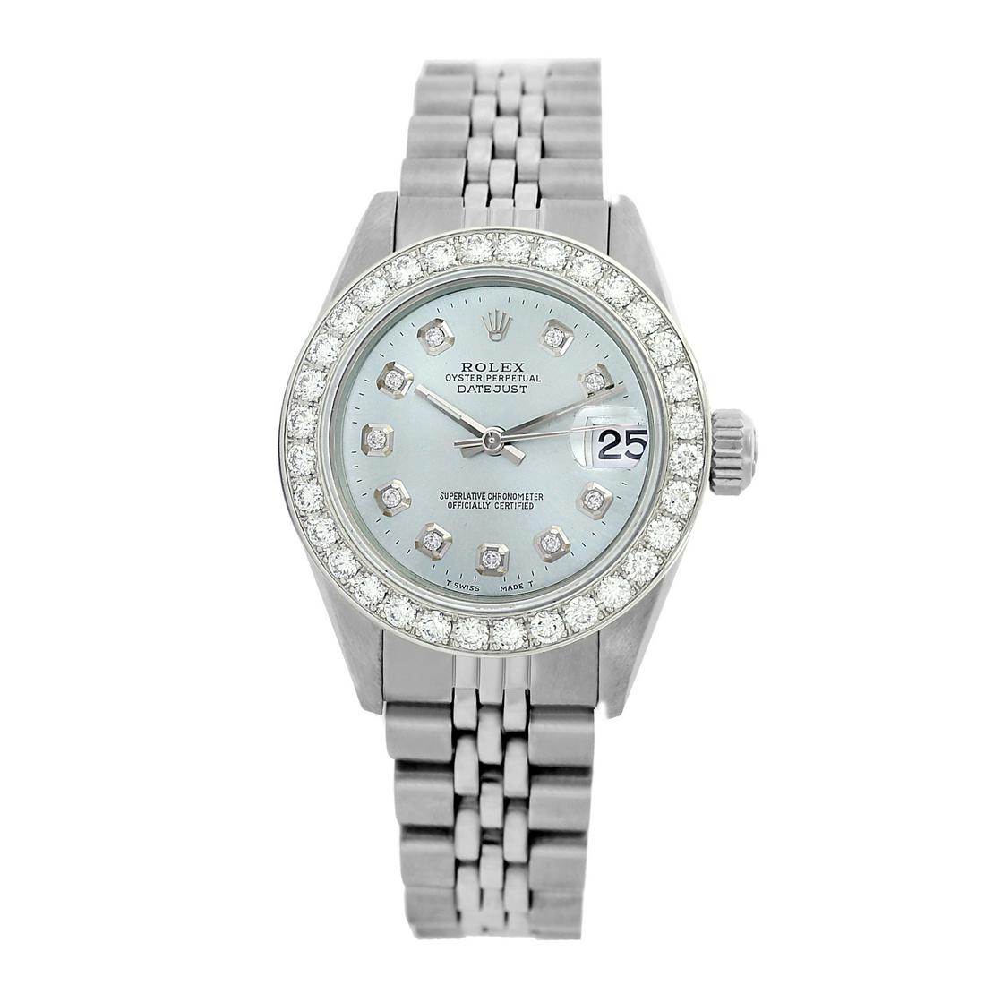 Rolex Pre-owned 26mm Womens Custom Light Blue Stainless: SKU: LA001LS027 Estimated Pre-Owned Retail Price: $8900 Condition: Pre-owned / Excellent Condition Model: Rolex DateJust Gender: Womens Dial: Custom Light Blue Dial Marker: 10 Genuine Diamonds Diamond