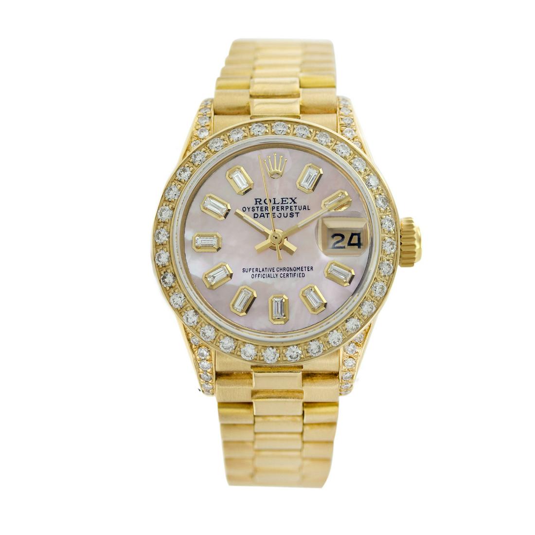 Rolex Pre-owned 26mm Womens Pink MOP 18K Gold: SKU: LALPS0007Estimated Pre-Owned Retail Price: $22300 Condition: Pre-owned / Excellent Condition Model: Rolex DateJust Gender: Womens Dial: Pink MOP Dial Marker: 10 Baguette Diamond Color: G-H Diamon