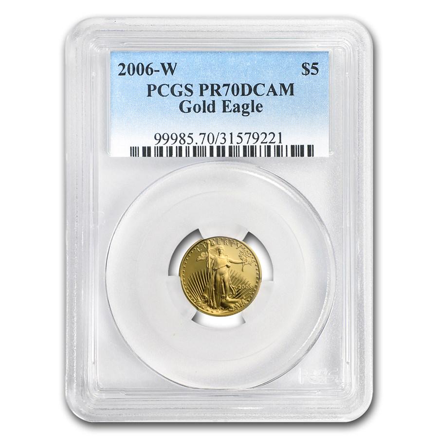 One pc. 2006-W 1/10 oz Proof American Gold Eagle PR-70 PCGS: One pc. 2006-W 1/10 oz Proof American Gold Eagle PR-70 PCGS ------- Ref. No: 29681 ------- Year: 2006 ------- Grade Service: PCGS ------- Denomination: $5.00 ------- Metal Content: 0.1 troy oz -------