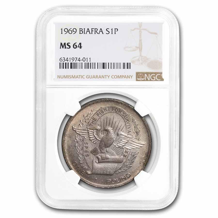 One pc. 1969 Republic of Biafra Silver Pound MS-64 NGC: One pc. 1969 Republic of Biafra Silver Pound MS-64 NGC ------- Ref. No: 254185 ------- Year: 1969 ------- Grade: MS-64 ------- Grade Service: NGC ------- Denomination: 1 Pound ------- Mint Mark: N/A -