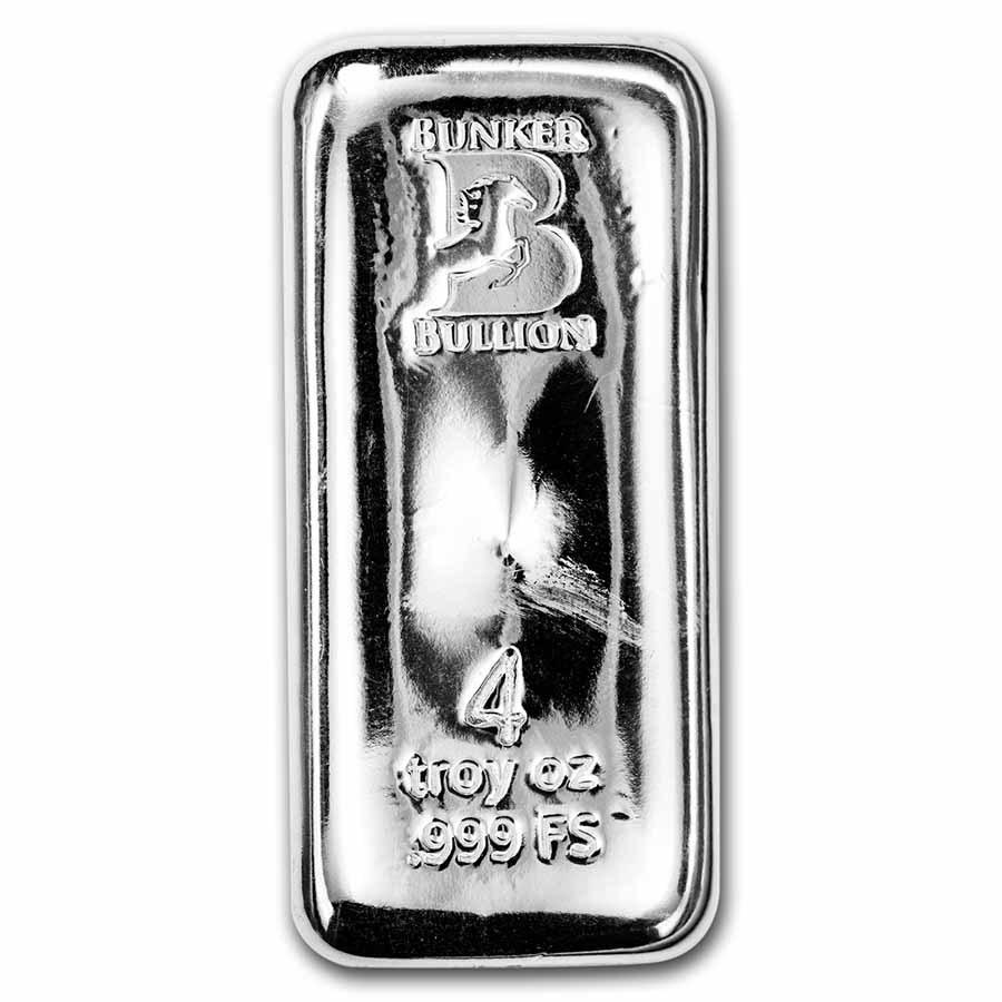 One pc. 4 oz Cast-Poured Silver Bar - Bunker Bullion Bar: One pc. 4 oz Cast-Poured Silver Bar - Bunker Bullion Bar ------- Ref. No: 254171 ------- Year: N/A ------- Grade: None ------- Grade Service: None ------- Denomination: 4 oz ------- Mint Mark: N/A - N