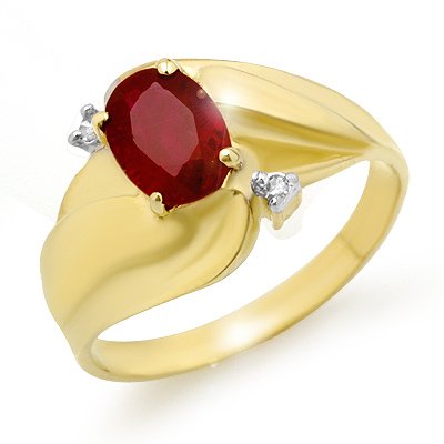 Genuine 1.08 ctw Ruby & Diamond Ring 10K Yellow Gold: Genuine 1.08 ctw Ruby & Diamond Ring 10K Yellow Gold * MSRP $720 ---- Diamond: 2 Round cut @ 0.03 ctw---- Clarity: SI-I---- Color: H-K----Gemstone: Natural Ruby----Gemstone color: Red----Gemstone qual