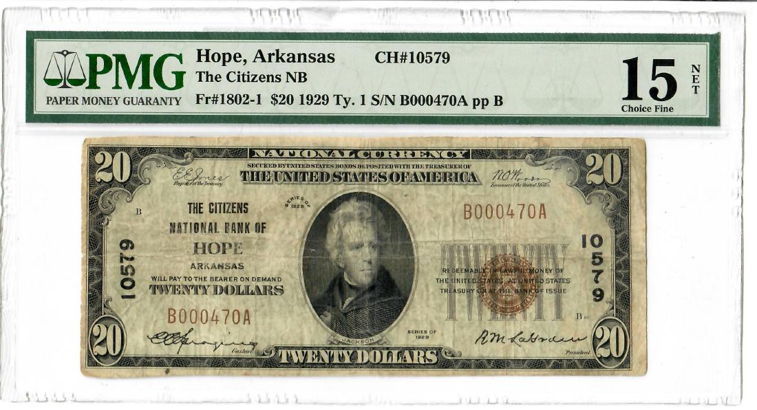 $20 1929 The Citizens NB Hope, Arkansas S/N B000470A: $20 1929 The Citizens NB Hope, Arkansas S/N B000470A