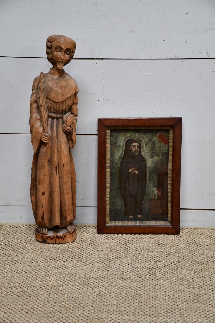 2pc. Lot -  Retablo Painting / Carved Santos 30"H (1 of 5)