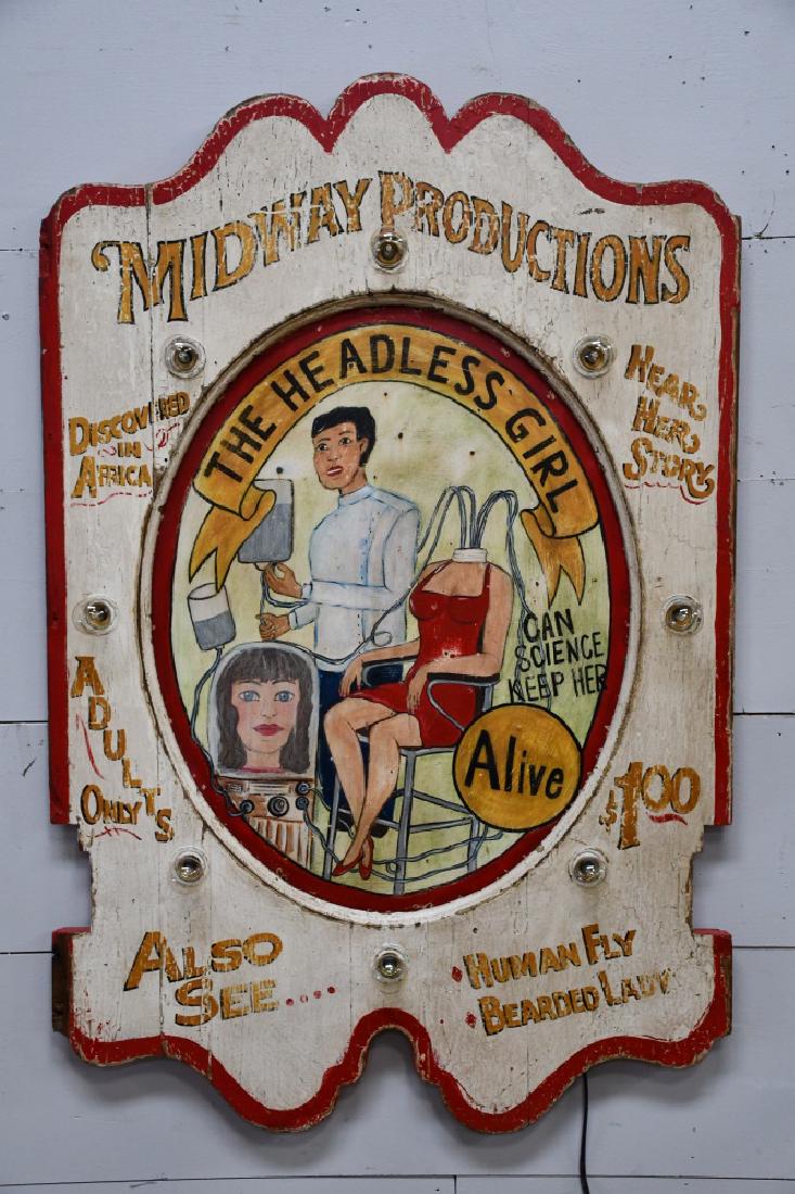 Wooden Lighted Freak Show Sign "The Headless: Wooden Lighted Freak Show Sign "The Headless Girl"49 1/2" x 33"