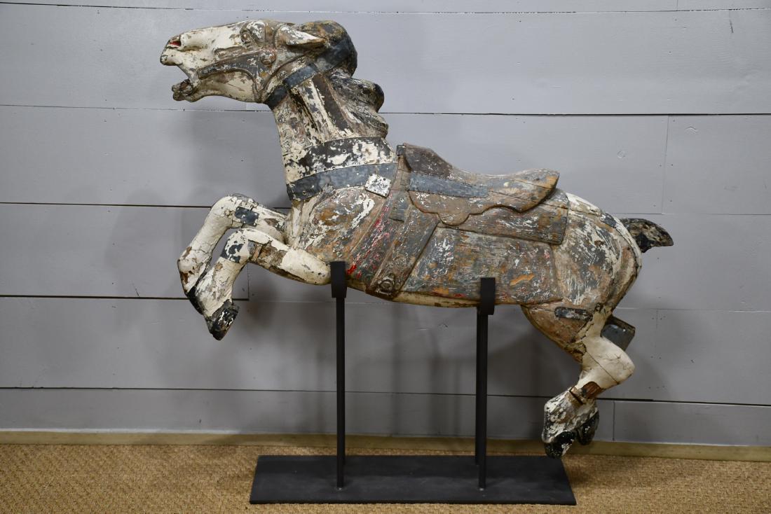 Early Wooden Carousel Horse on Stand 48 1/4"H,   58"L, (1 of 8)