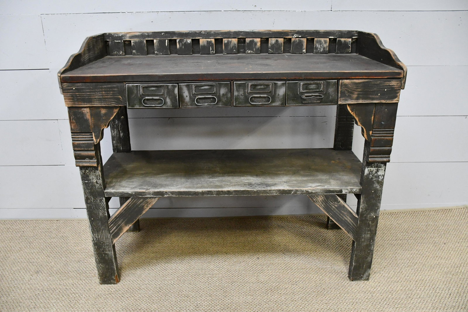 Painted Industrial Work Table w/ Metal Drawers 45"H,: Painted Industrial Work Table w/ Metal Drawers 45"H, 53" x 26"