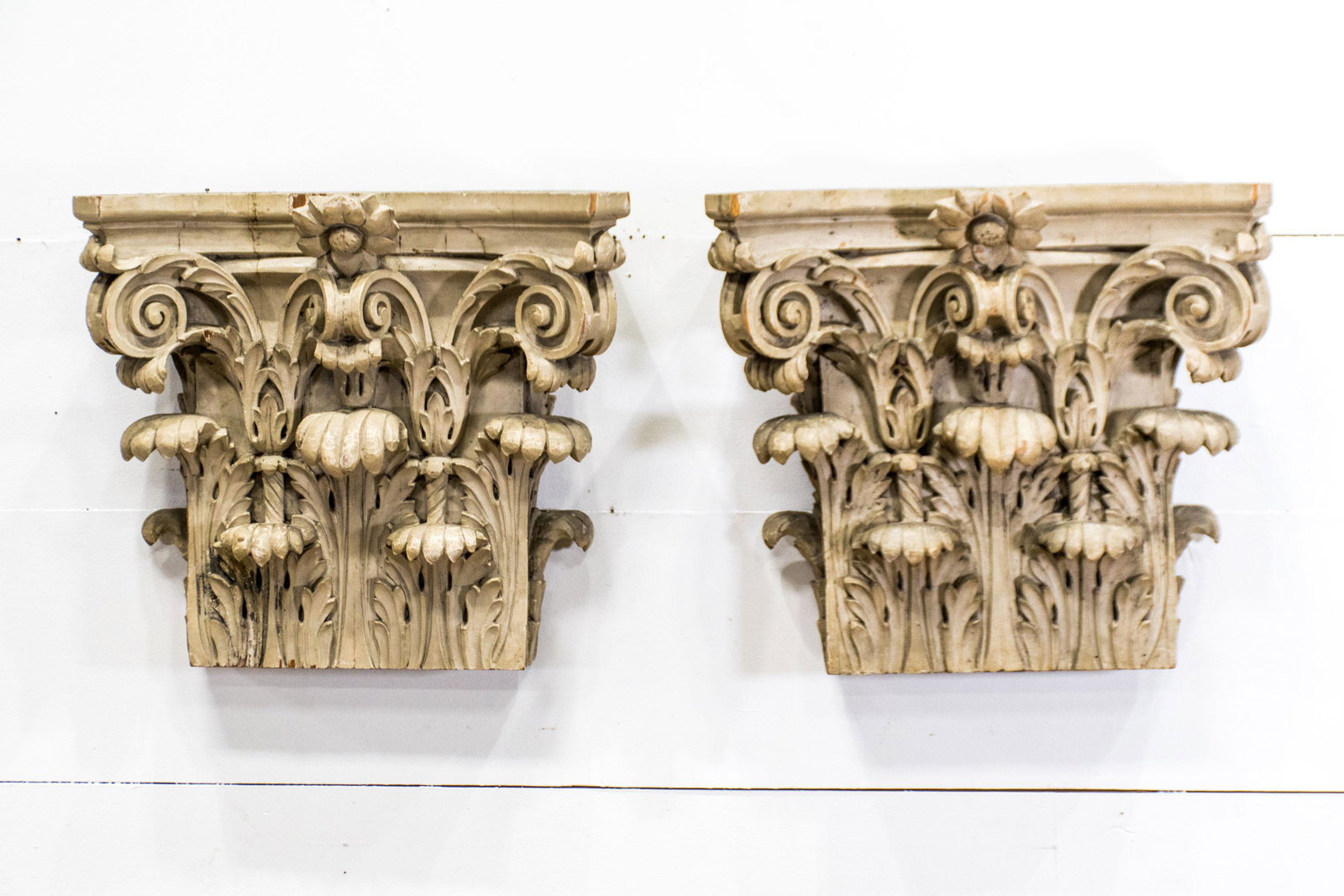 19th C. Carved Wooden Capital from Philadelphia X-2: 19th C. Carved Wooden Capital from Philadelphia X-2 19"H, 23" x 8 1/2" ea.