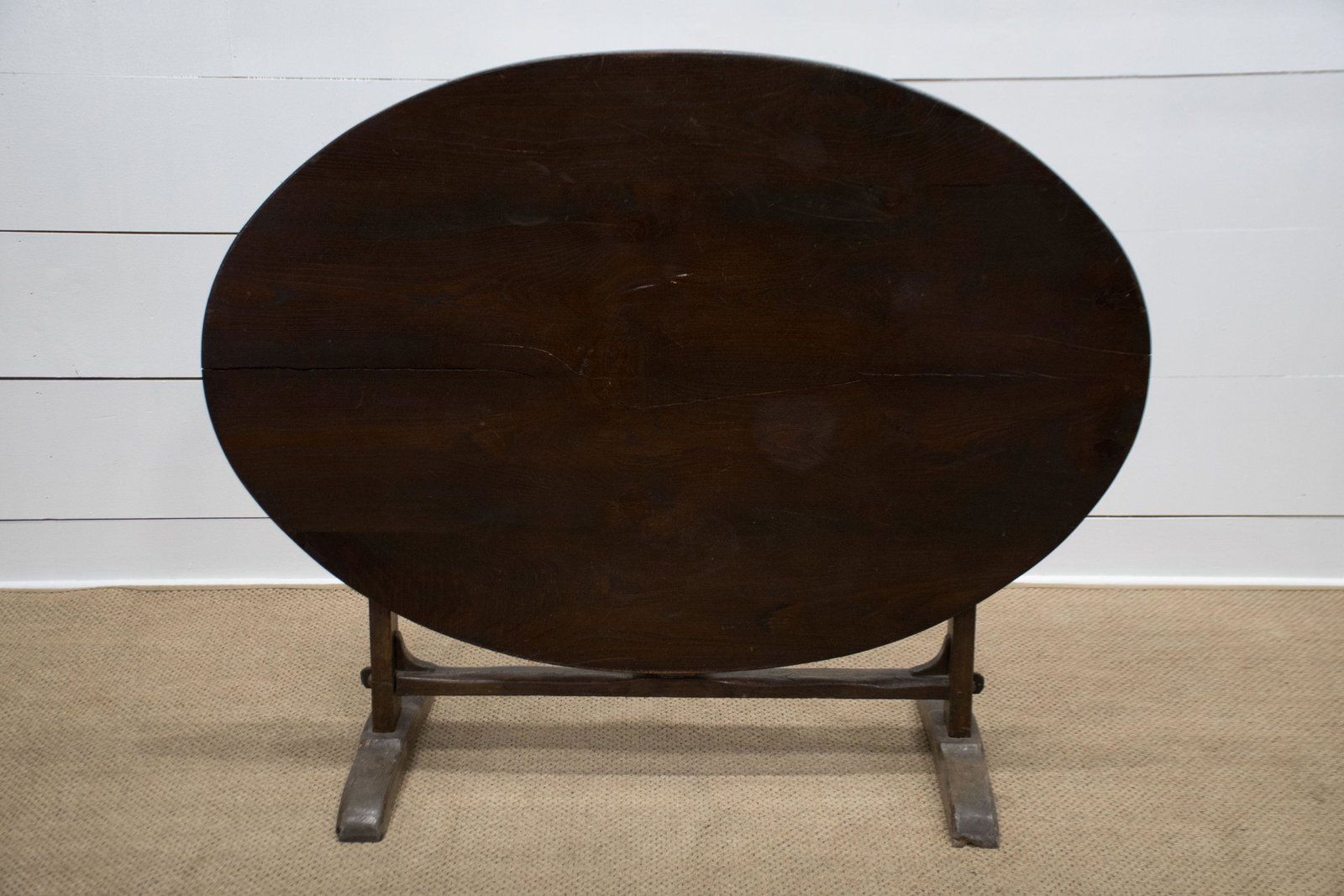 19th C. French Oval Tilt Top Wine Tasting Table 30"H: 19th C. French Oval Tilt Top Wine Tasting Table 30"H (45 1/2"H Folded), 55 1/2" x 38 1/2"