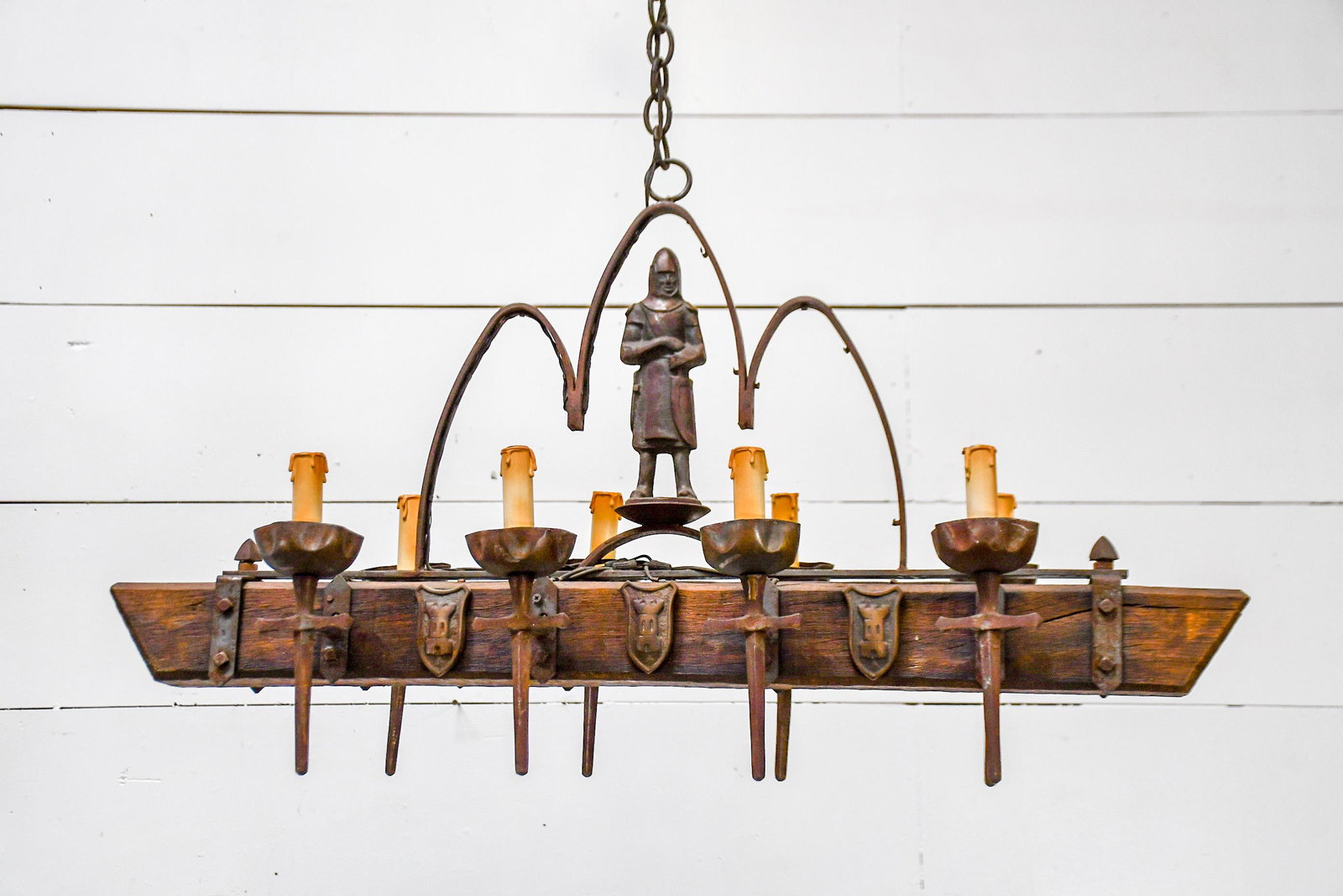 Vintage French Iron/Wood Gothic Chandelier 24"H, 41": Vintage French Iron/Wood Gothic Chandelier 24"H, 41" x 14"