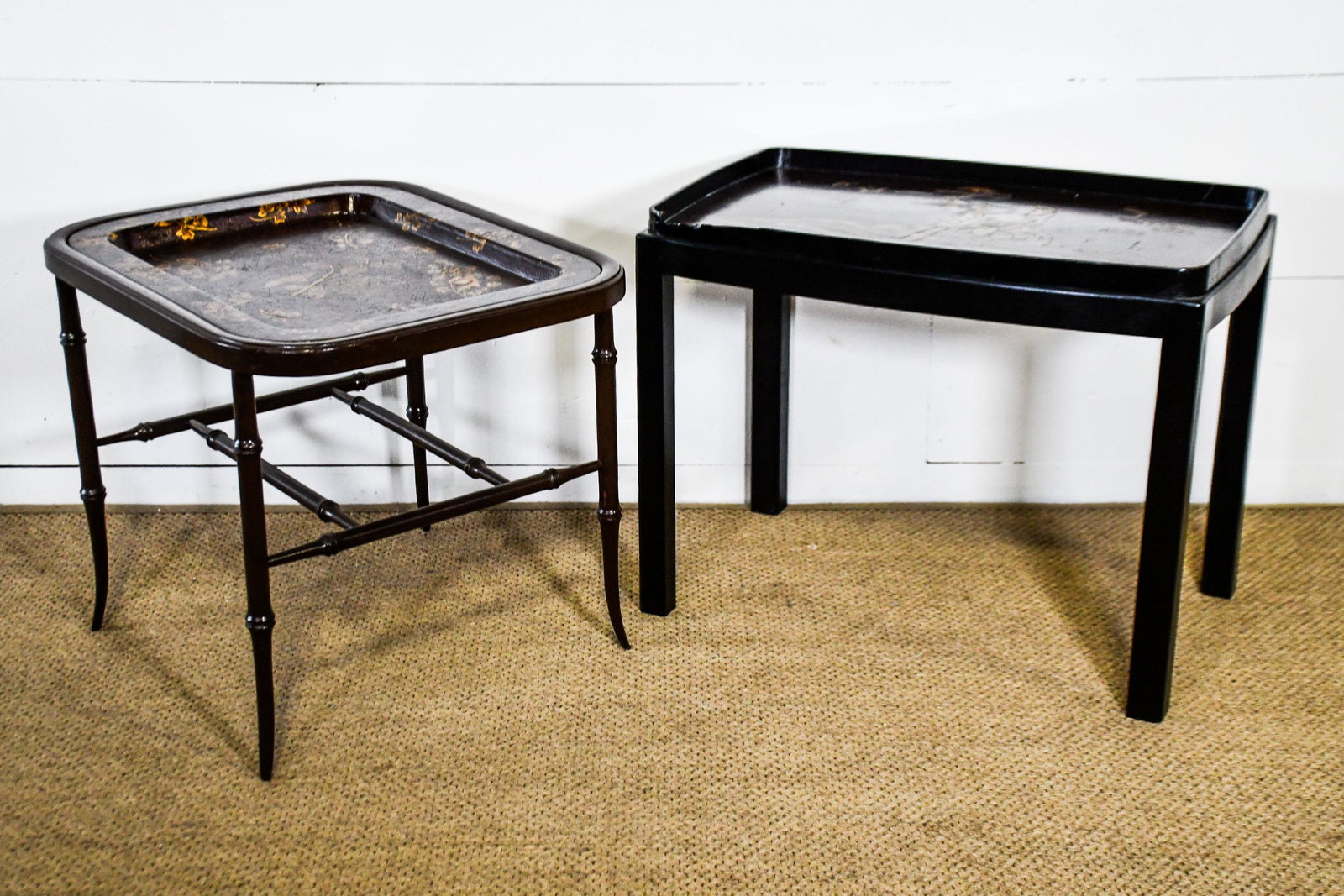 2pc. Lot of French Tray Tables 21"H, 26" x 21": 2pc. Lot of French Tray Tables 21"H, 26" x 21" / 22 1/2"H, 20 1/2" x 18 1/2"