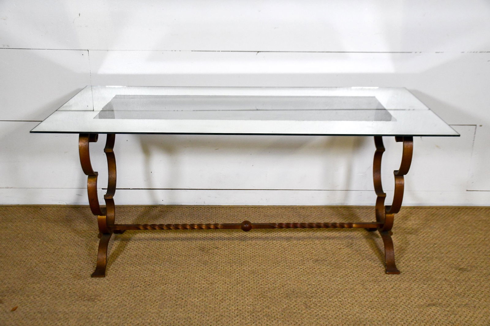 Vintage French Iron Coffee Table w/ Mirrored Top 21"H,: Vintage French Iron Coffee Table w/ Mirrored Top 21"H, 47 1/2" x 24"