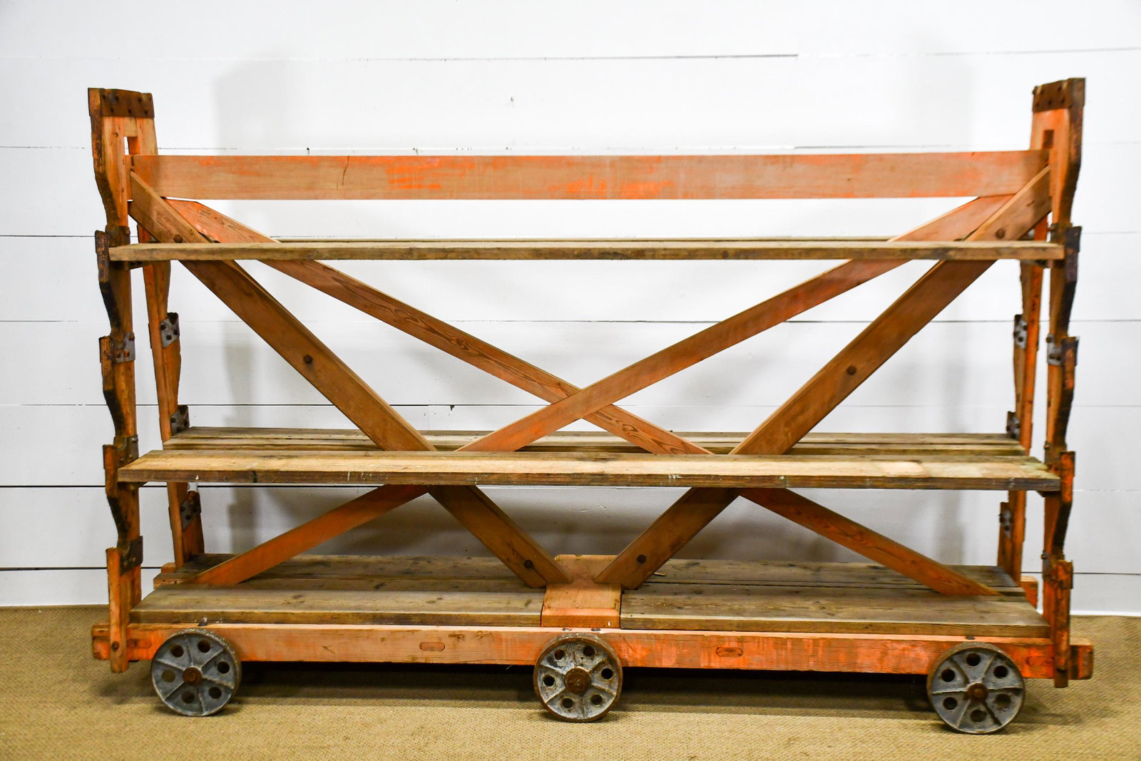 French Industrial Warehouse Rack w/ Iron Wheels 69"H, (1 of 3)
