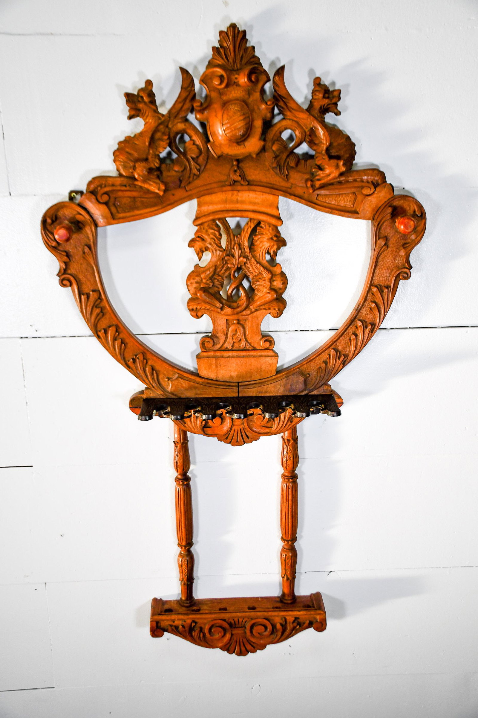 Carved Wooden Pool Cue Holder 52"H, 29 1/2" x 5: Carved Wooden Pool Cue Holder 52"H, 29 1/2" x 5 1/2"