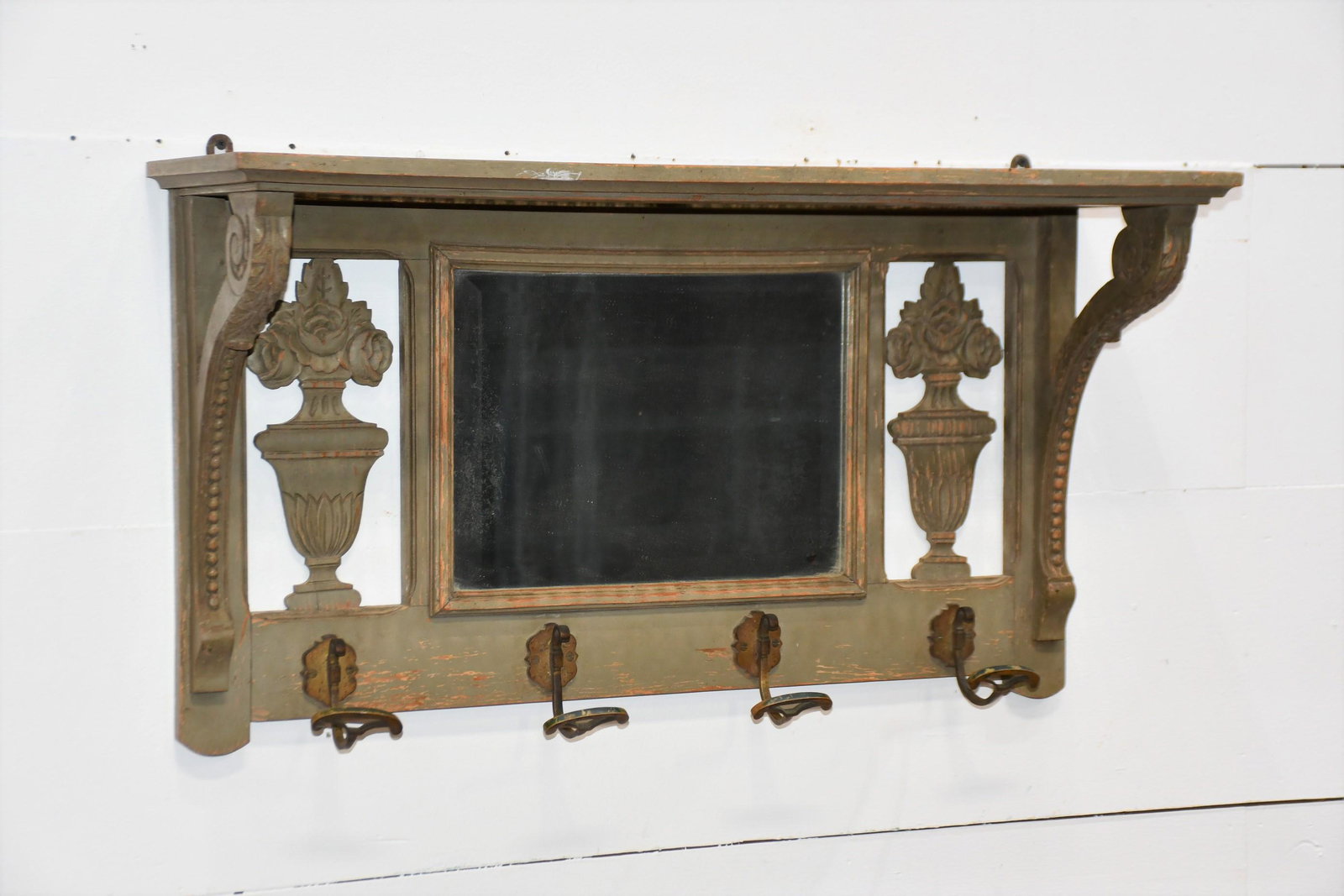 French Painted Shelf w/ Hooks 18"H,   32"  x   9 1/2" (1 of 6)