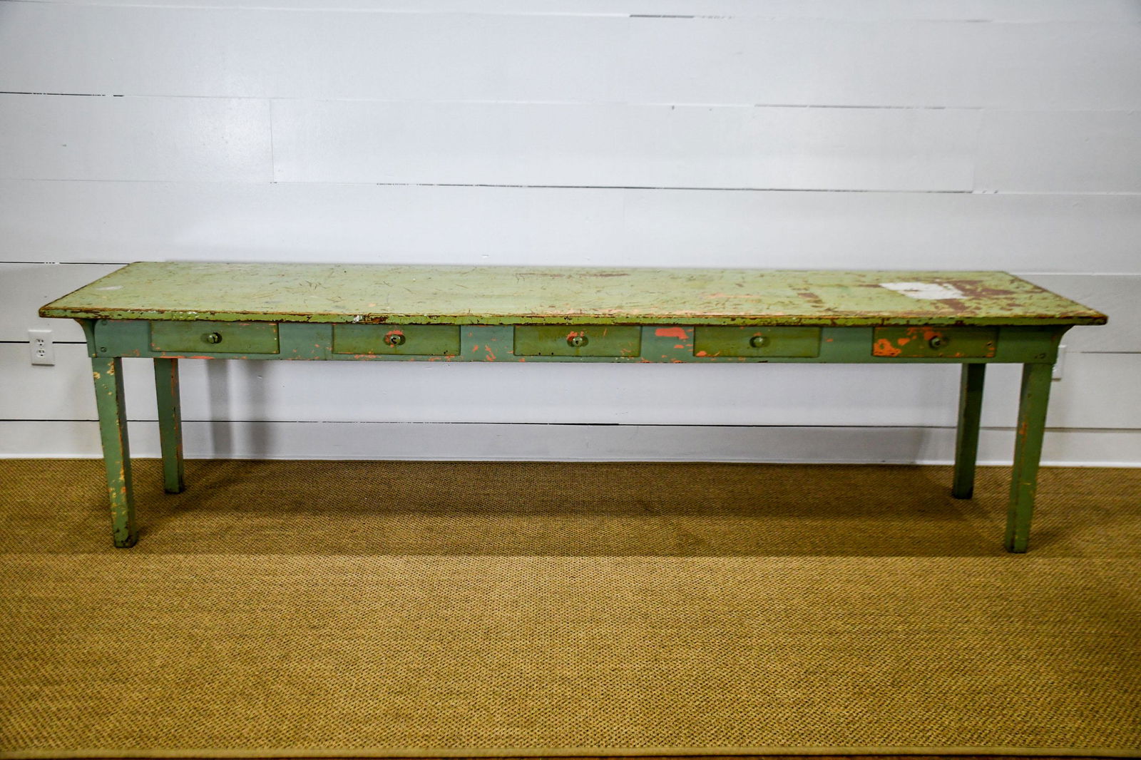 Green Painted Work Table w/ Drawers 30"H,   115 1/2"  x (1 of 8)