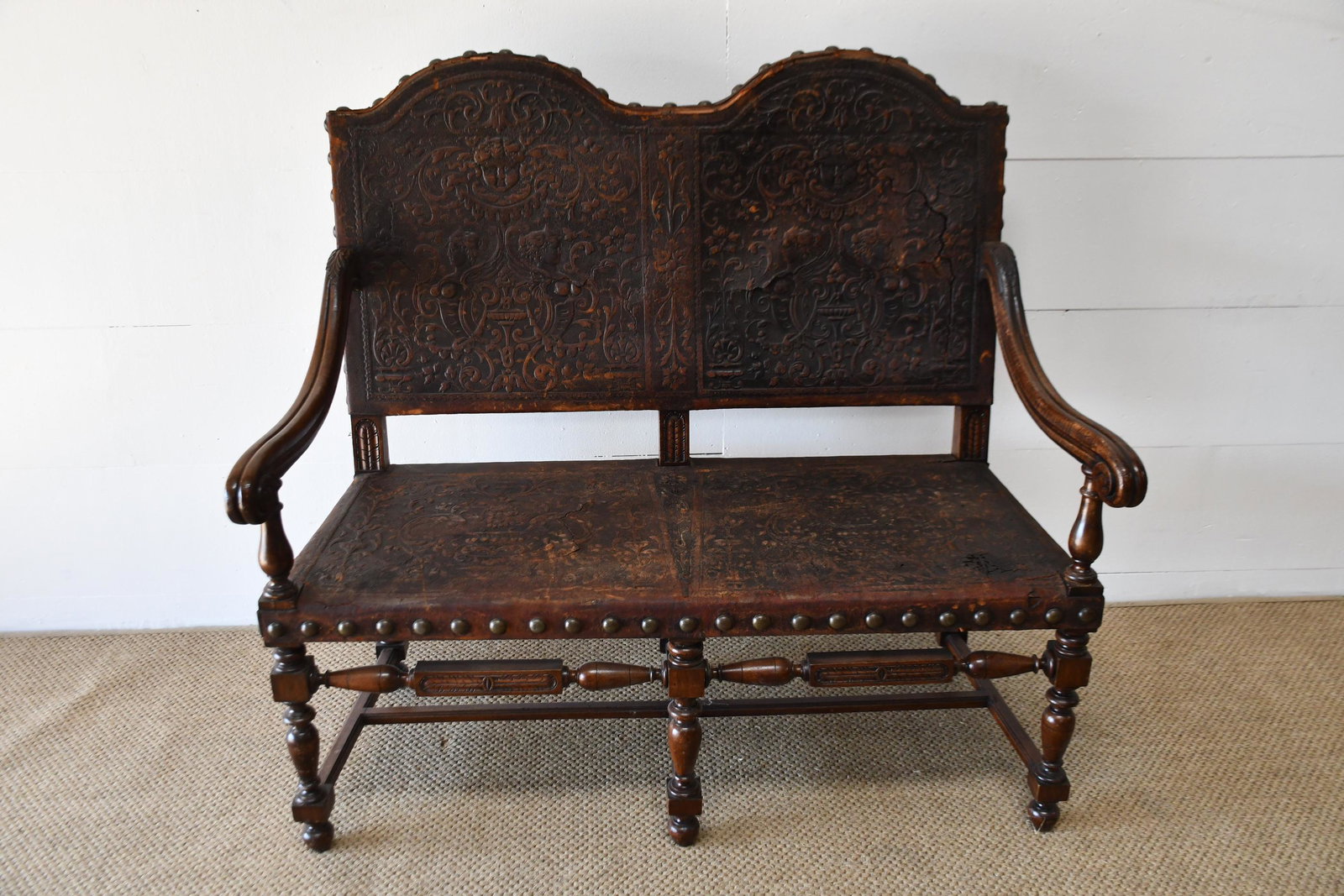 19th C. Italian Tooled Leather Settee 46"H, 47 1/2" x (1 of 10)
