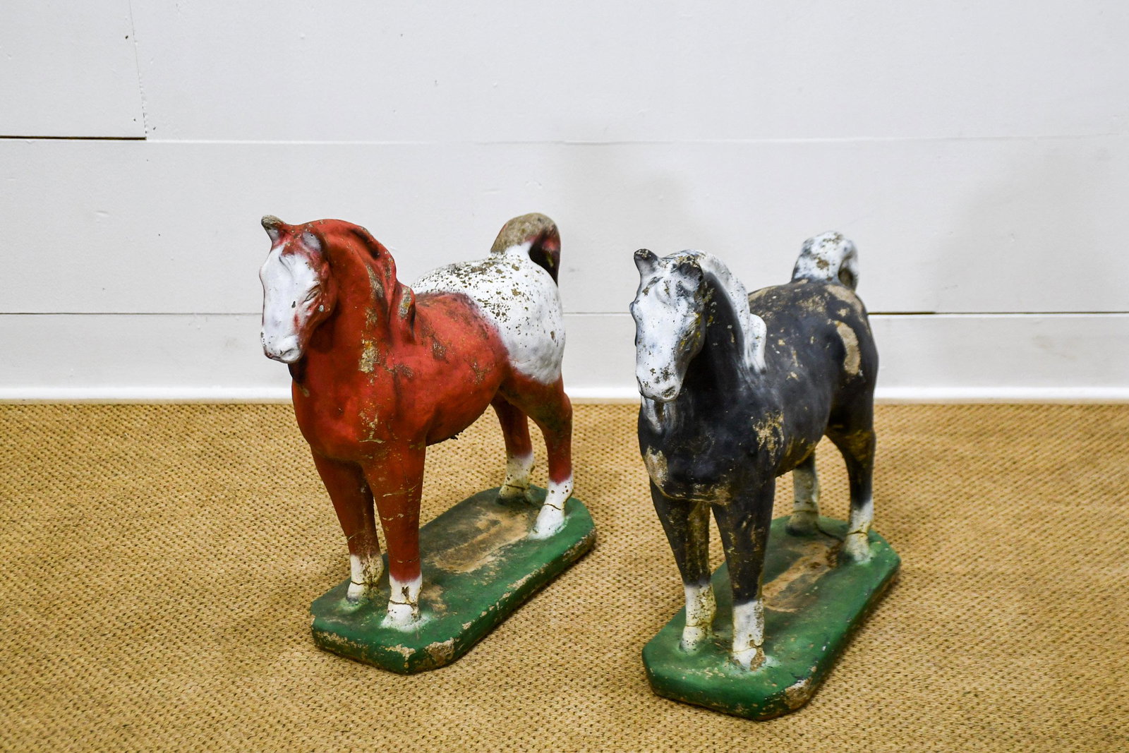 2pc. Lot of Concrete Horses 24 1/2"H, 23 1/2" x 8: 2pc. Lot of Concrete Horses 24 1/2"H, 23 1/2" x 8 1/2" ea.