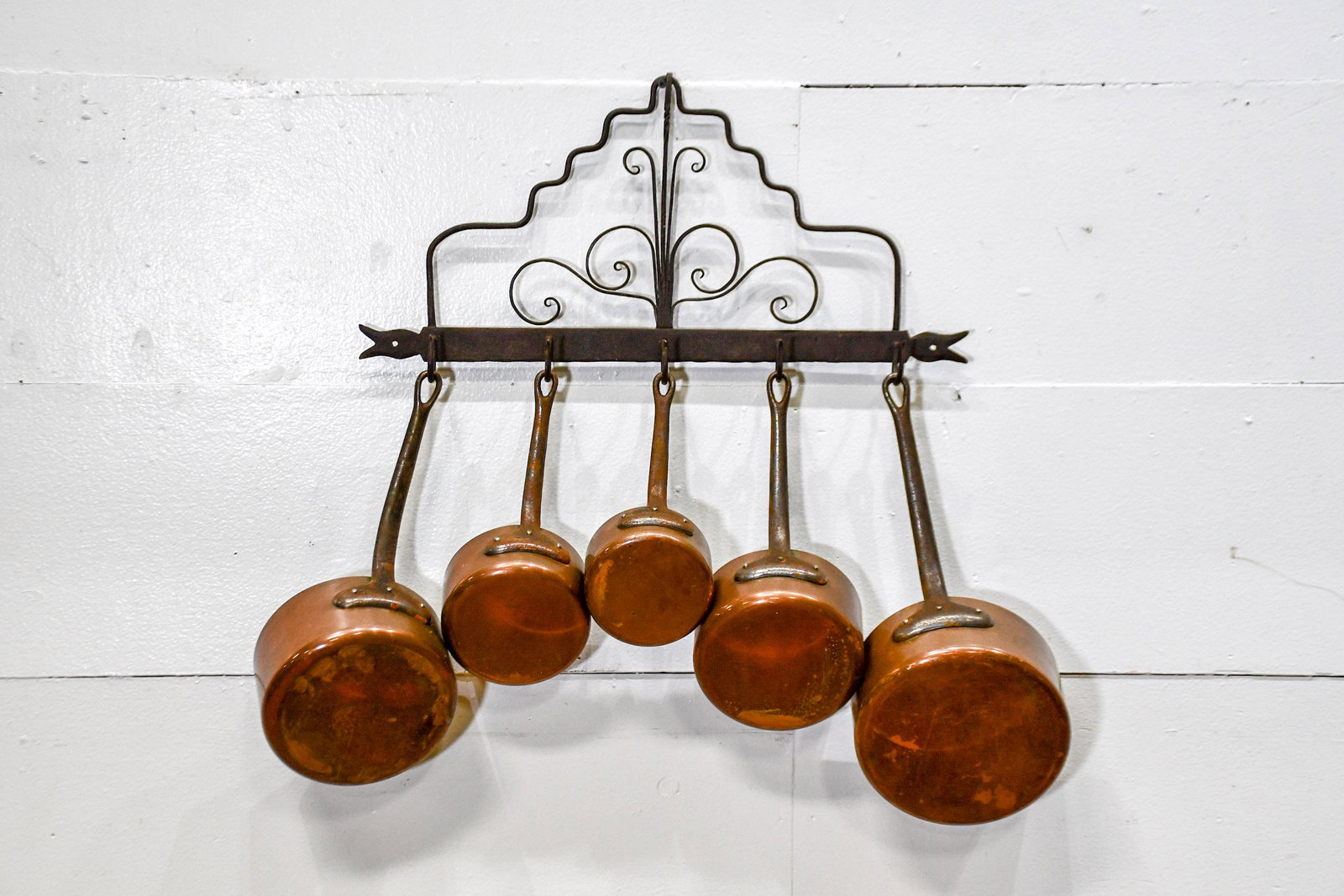Early French Wrought Iron Pot Rack w/ Copper Pots rack (1 of 4)