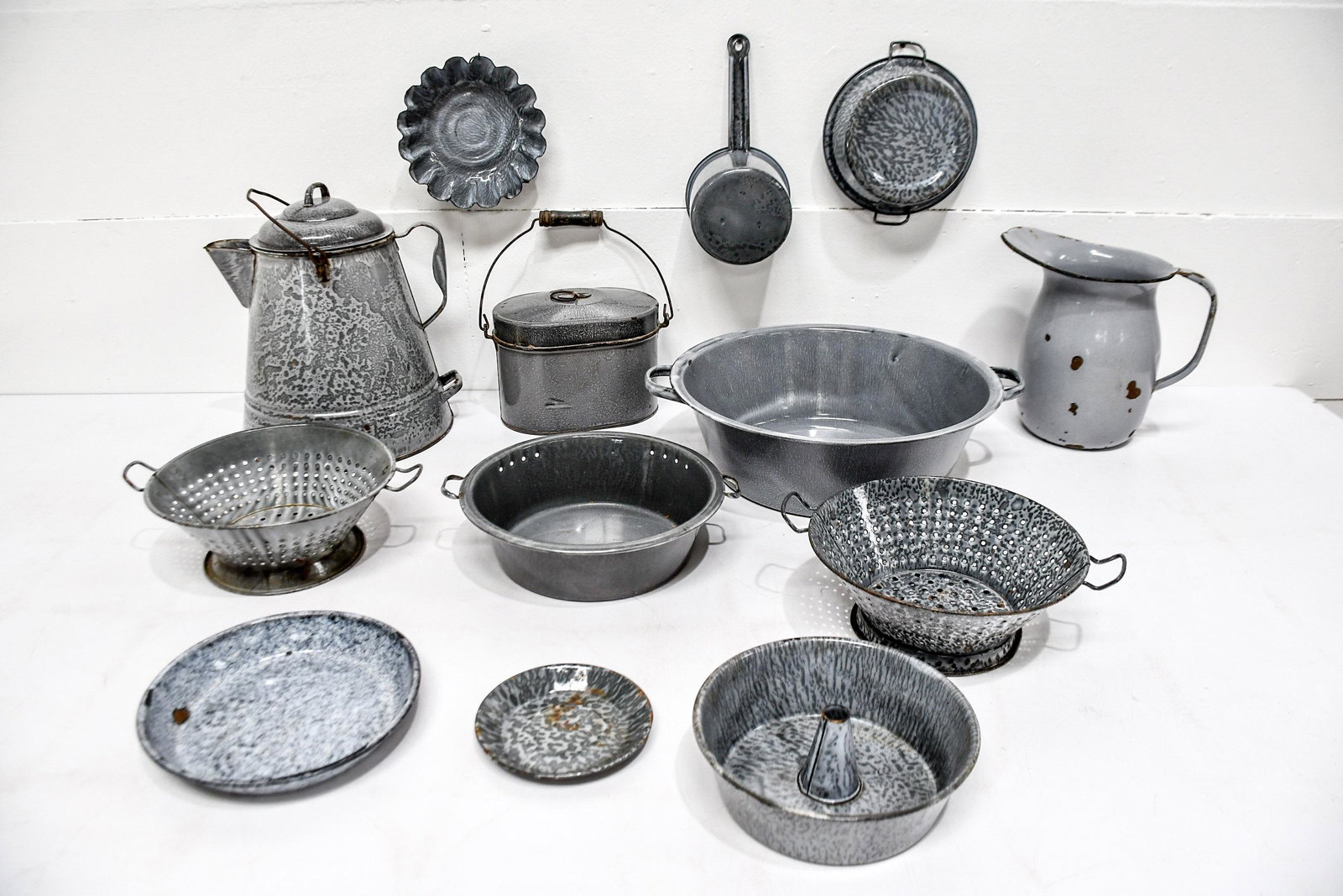 Group Lot of Gray Graniteware pitcher / strainer / (1 of 5)